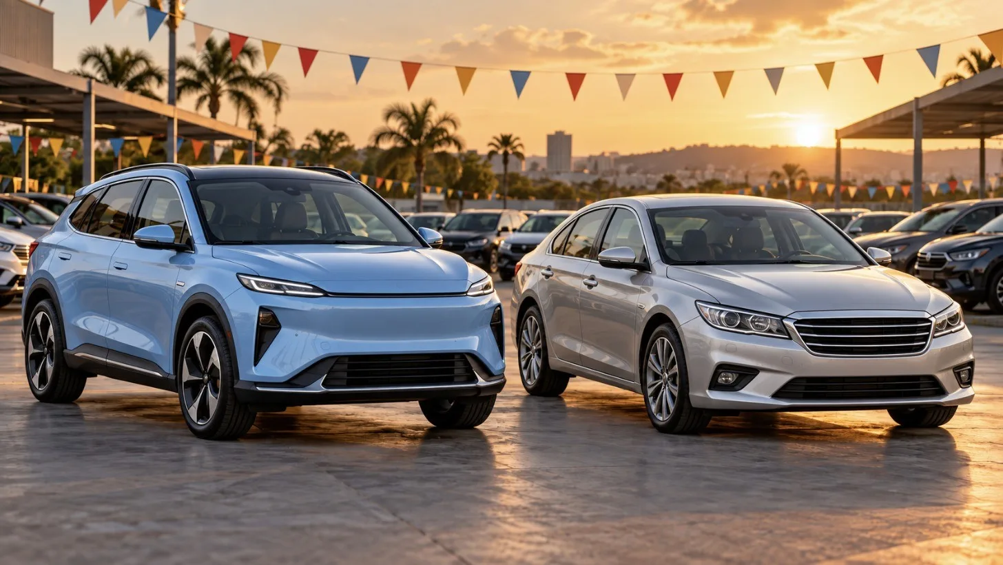 Um SUV elétrico de linhas modernas ao lado de um sedã de desenho tradicional num pátio de seminovos: a dúvida de quem vai trocar de carro hoje