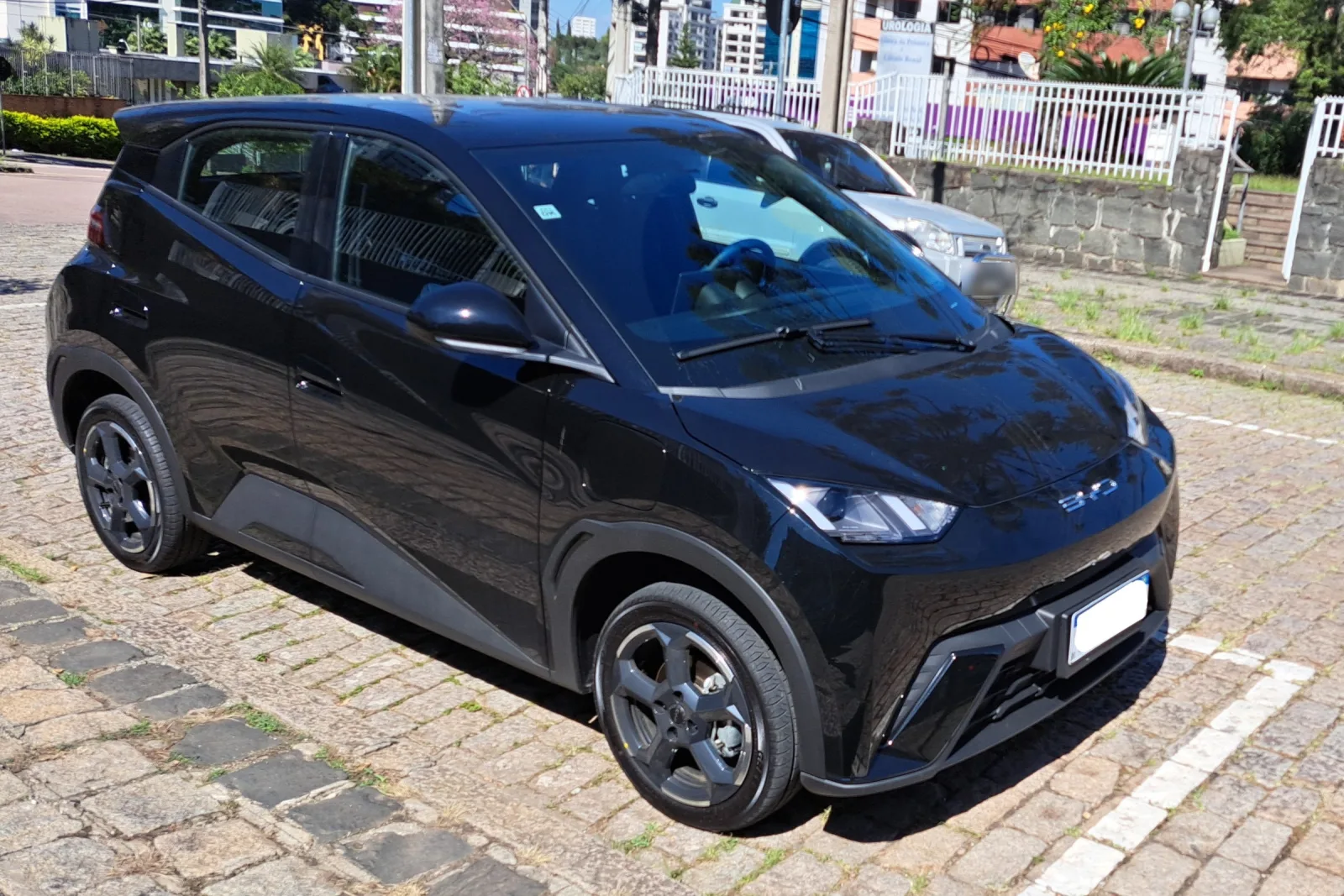 Um BYD Dolphin Mini numa rua de paralelepípedos, em 2024. Na China, o carro se chama Seagull